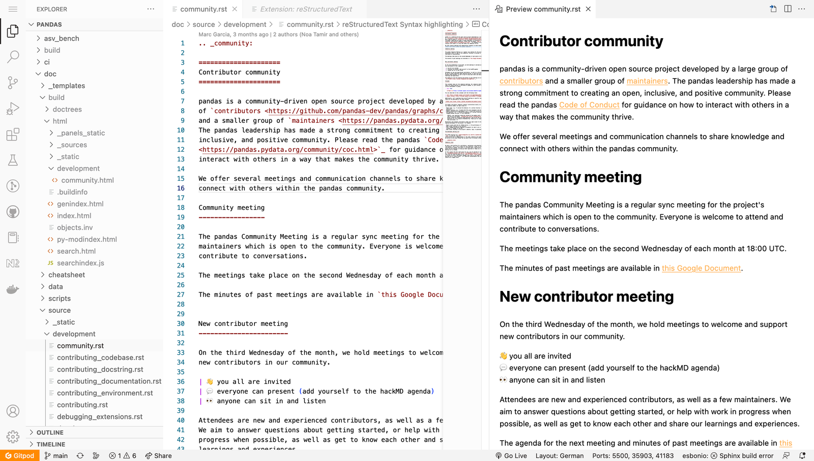 Gitpod workspace VSCode rst rendering screenshot